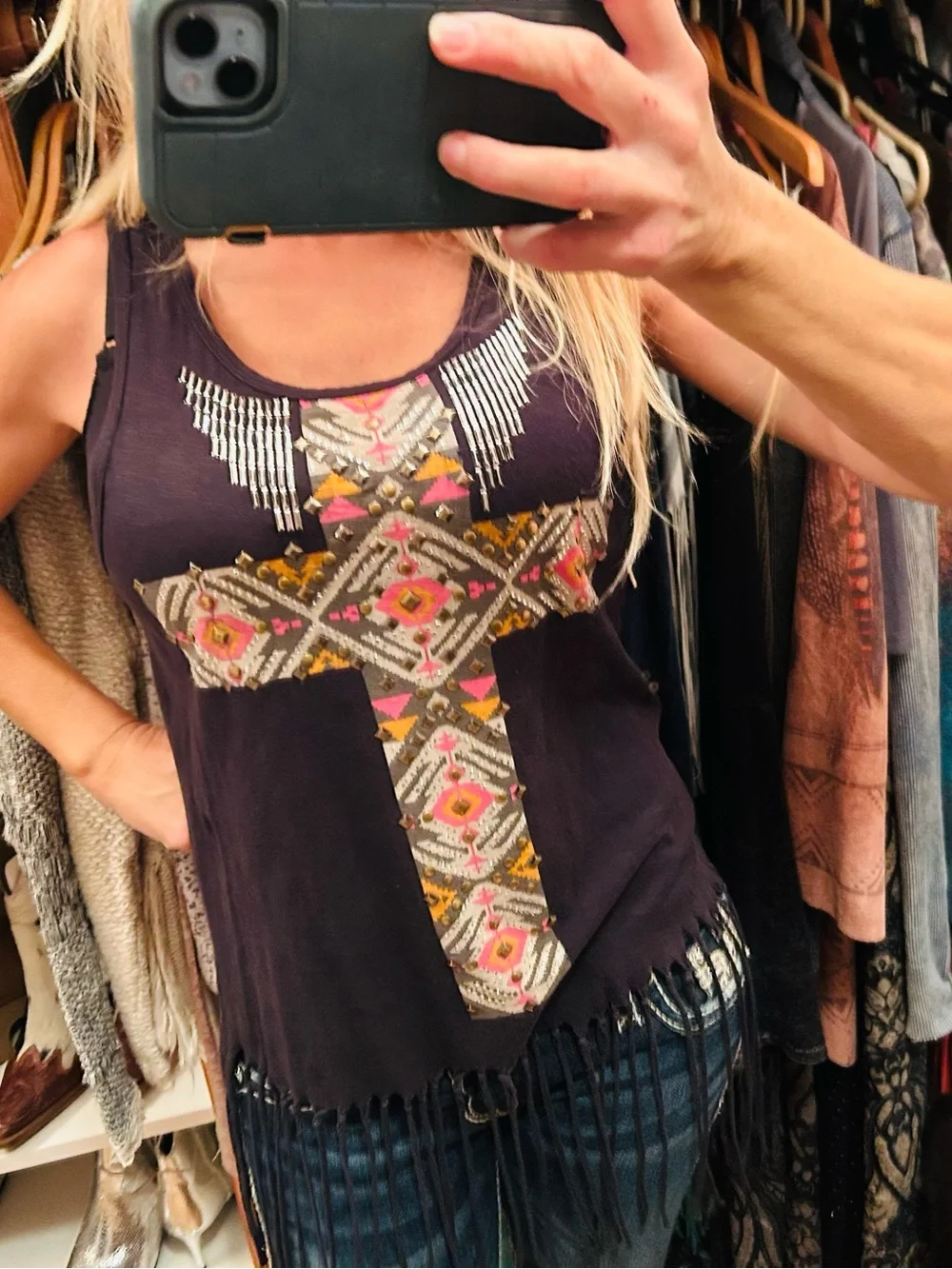 Vocal Women’s Black Fringe Tank Top with Embroidered Cross